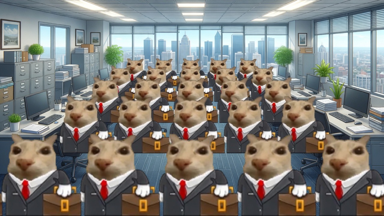 An entire office floor full of intern cats in suits with briefcases